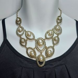 Gold Tone Rhinestone Crystal Faux Pearl Statement Necklace